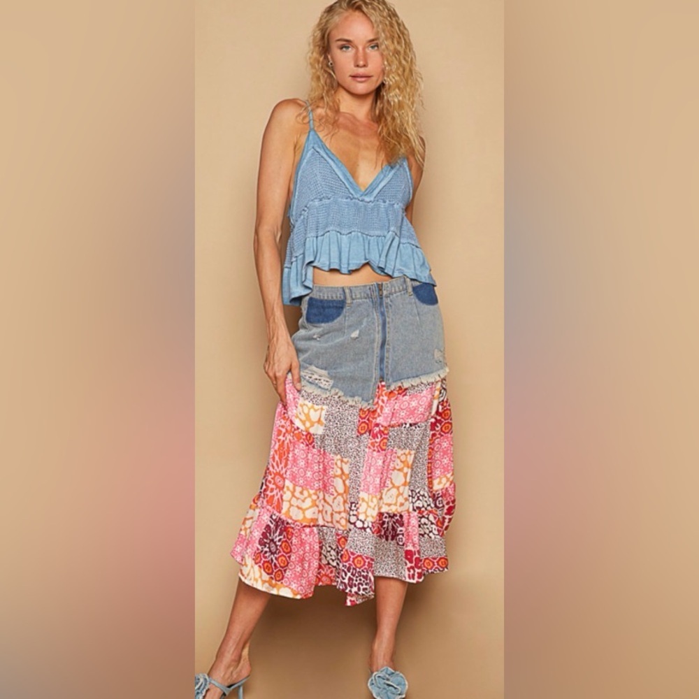 Pol Patchwork Denim, Pink, Floral, Animal Print Skirt